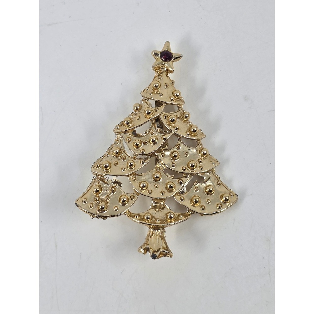 Vintage Gold Tone Christmas Tree Brooch Red Rhinestone Star Holiday Pin 2.5"
